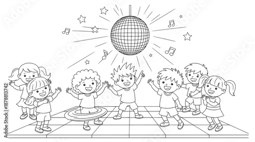Children dancing joyfully on a colorful dance floor under a sparkling disco ball, surrounded by musical notes and stars, celebrating a fun party atmosphere with vibrant energy