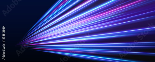 Glowing blue neon laser streaks ripple across urban roads at night. Motion lines, energy waves, and trail swirls highlight high-speed traffic and futuristic visuals in the dark. Vector illustration.