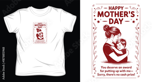 Happy mothers day sentimental typography design with loving mother hugging child and funny quote in decorative border