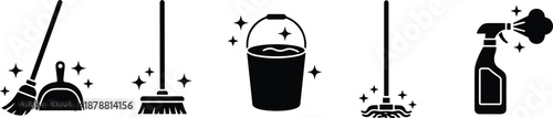 Household cleaning tools icons set, broom mop bucket spray bottle silhouettes with sparkle symbols, flat black design for hygiene concepts