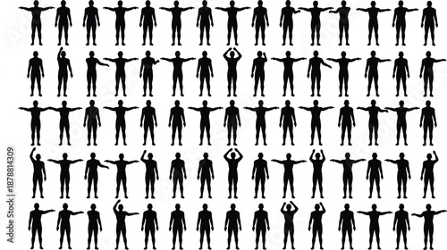 PrintHuman body silhouettes poses set, male standing figures in different positions, anatomy reference vector illustration isolated on white background
