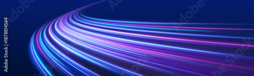 Neon blue, purple laser streaks twist along a city road at night. Glowing wave trails, motion swirls, and energy lines depict futuristic high-speed traffic in the dark. Vector illustration.