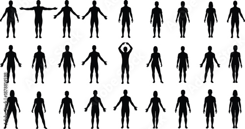 Human body silhouette collection standing poses, male female anatomy figures set, black people silhouettes isolated on white background