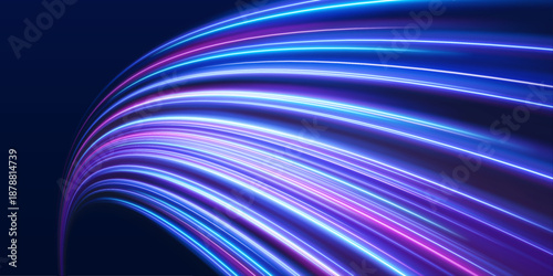 Futuristic neon laser lines flow along city streets in the dark. Glowing motion trails, energy waves, and swirling lines illustrate dynamic speed and traffic flow at night. Vector illustration.