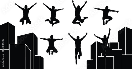 Jumping man silhouettes over city skyline, urban freedom and success concept, energetic motion poses, celebration achievement, isolated black illustration