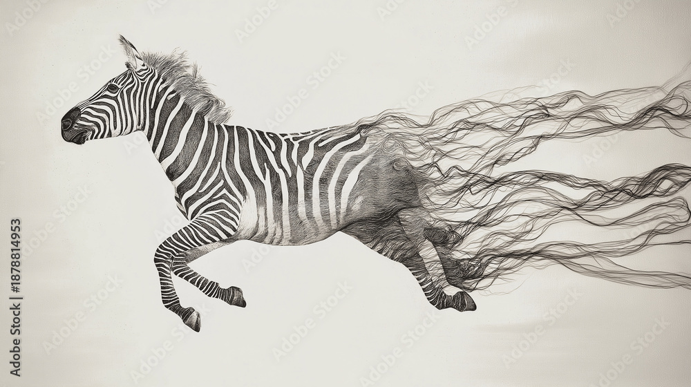 Fototapeta premium Grayscale zebra running with swirling smoke behind it. Suitable for wildlife, movement, and abstract concepts in design projects.