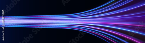 Neon blue, purple laser streaks twist along a city road at night. Glowing wave trails, motion swirls, and energy lines depict futuristic high-speed traffic in the dark. Vector illustration.
