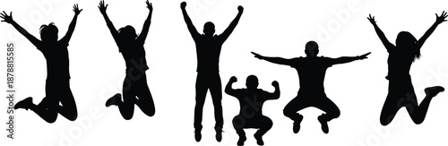 Jumping people silhouettes expressing happiness and freedom, men and women celebration poses black vector illustration isolated on white background