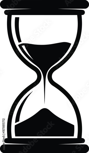 Simple black line vector image depicting traditional hourglass timing instrument with large amounts of sand remaining in top chamber