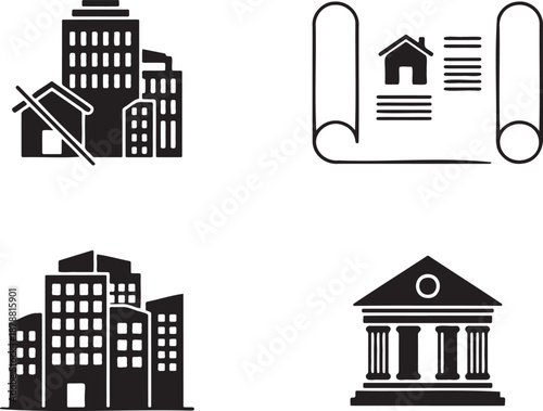 Collection of four distinct black and white vector graphic icons representing real estate and finance concepts including urban buildings a blueprint with a house symbol a cluster