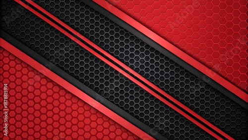 Modern red and black honeycomb pattern with sleek metallic accents