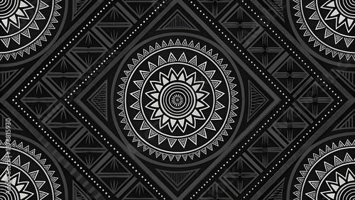 Intricate black and white geometric pattern with mandalas