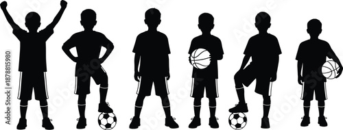 Kids sports silhouettes collection, boys playing football and basketball poses, children active lifestyle concept, black vector illustration isolated white background