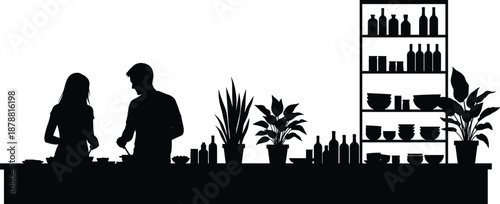 Kitchen cooking silhouettes scene, couple preparing food at counter with shelves bottles plants, modern home interior lifestyle concept