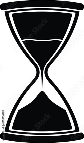 Hourglass icon with sand falling through glass for time management and waiting concept in minimalist flat black vector style