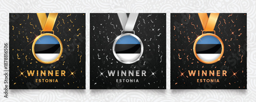 3D winner medals featuring the Estonia blue-black-white tricolor flag design, set on a dark textured background with golden and silver confetti and glowing stars.