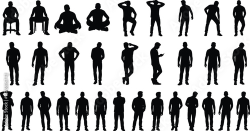 Male body language silhouettes showing standing, sitting, walking, thinking, relaxed poses, modern lifestyle concepts, black vector illustration set