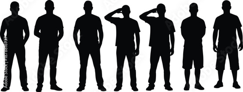 Male silhouettes collection, standing men poses, casual clothing, salute gesture, human body shapes, black figures, isolated on white background