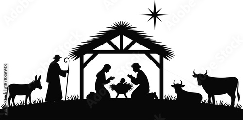 Nativity Scene Silhouette with Mary Joseph and Baby Jesus in Manger Under Bethlehem Star with Shepherd and Animals Christmas Christian Illustration