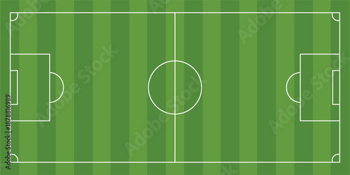 Top-down aerial view of a green soccer field with white markings, including the center circle, penalty areas, and goals.