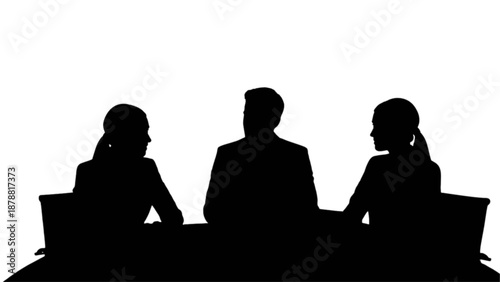 Three silhouetted business professionals engaged in a serious discussion at a table