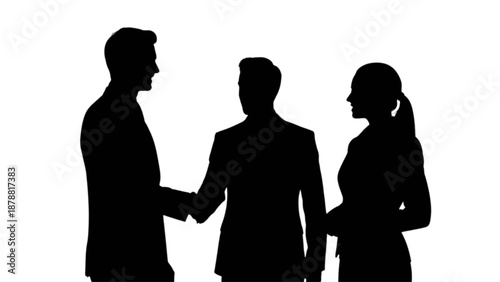 A business meeting with three professionals forming an agreement and shaking hands