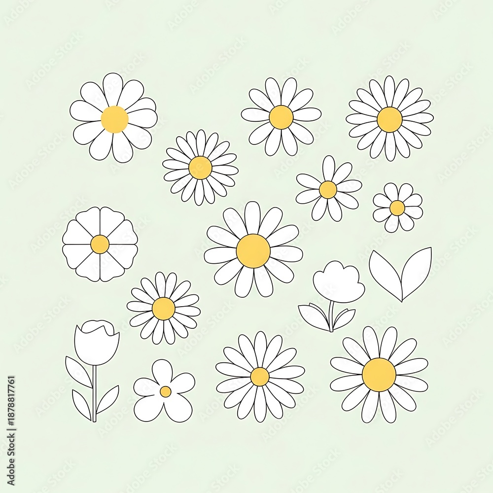 Obraz premium Daisy Flower Collection - Minimalist Line Art with Yellow Centers on Light Green Background.