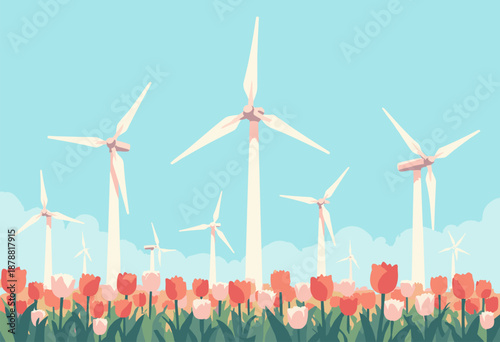 wind turbine farm where turbines look like giant white tulips Minimalist flat design Blue sky background
