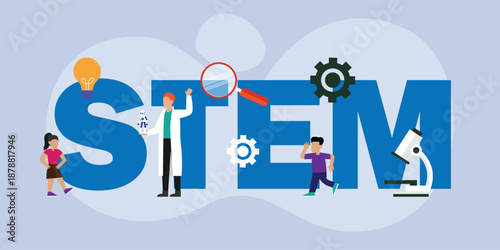 STEM education concept with scientists and children learning science 2d flat vector illustration
