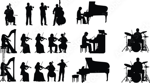 Musician silhouettes collection, classical orchestra instruments, piano violin trumpet drum players, live concert performance, black vector illustration set