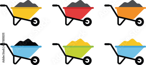 Colorful wheelbarrow icons set showing construction materials, sand, gravel loads, manual transport tools for building sites, gardening, landscaping, industrial work concepts illustration vector