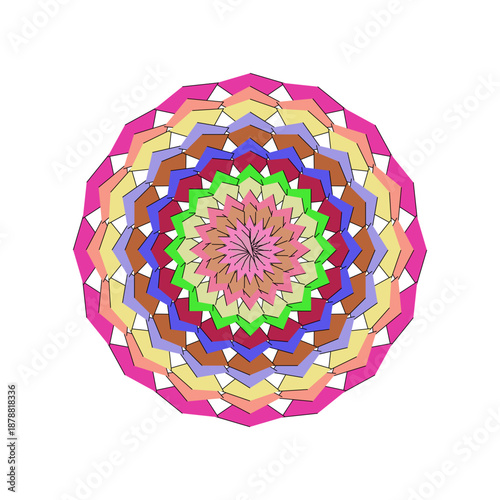 Vibrant colorful mandala design with intricate geometric patterns isolated on white background