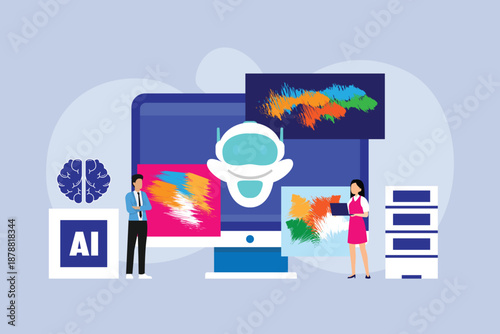 AI Generative Art and Creative Design Process with Robot Assistant 2d flat vector illustration