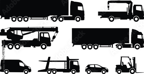 Commercial transport vehicle silhouette set featuring trucks, trailers, crane trucks, vans, forklifts, logistics fleet icons for freight delivery, construction, industrial transportation concepts