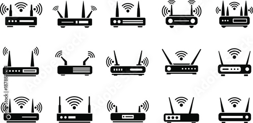 Icon set of 15 wireless routers in black and white, showcasing antenna configurations and Wi-Fi signal waves for tech and connectivity themes.