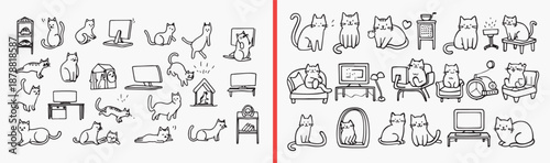 Cat lifestyle and home accessories doodle, pet cat furniture and toy sketch, domestic cat care items vector art, feline life at home illustration, cat tree and bed design elements, pet shop marketing 
