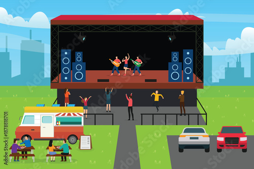 Outdoor Summer Music Festival with Live Band, Food Truck, and Audience 2d flat vector illustration
