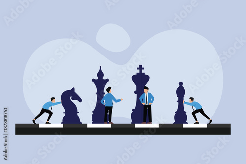 Business Strategy and Teamwork Concept with Giant Chess Pieces 2d flat vector illustration