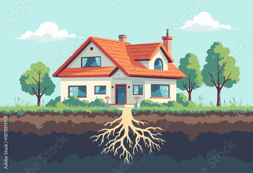 smart house cutaway view showing roots growing into foundation that turn into data cables Organic Tech Flat