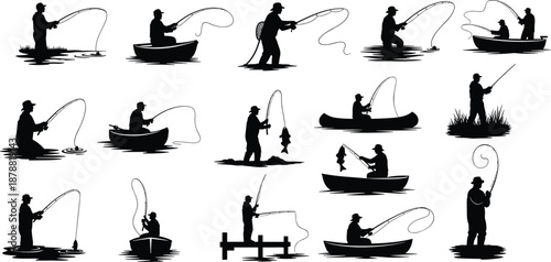 Silhouette illustration of sixteen fishing scenes showing people casting, reeling, and catching fish from boats, docks, and shorelines.