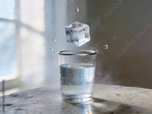 Levitating Ice Cube Above a Glass of Water on a Minimalist Stone Table