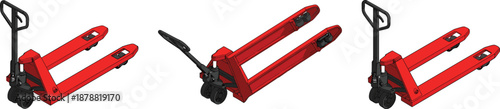 Red manual pallet jack equipment isolated showing hydraulic hand pallet truck for warehouse logistics, material handling, industrial transport use loading operations tools