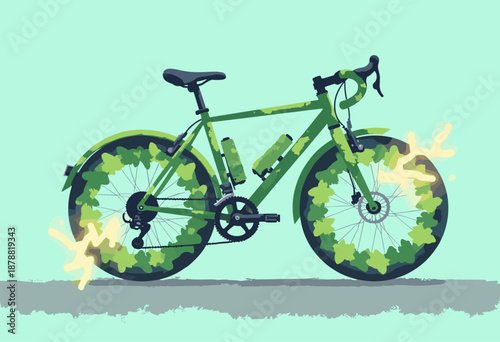 bicycle wheels made green energy symbols leaveslightning bolts Clean Commute Flat icon