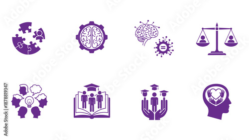 A comprehensive collection of business and education icons covering topics like teamwork and inclusion