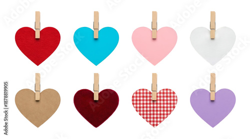 Heart shape set including red, blue, pink, white, brown, maroon, checkered, and purple textures isolated. Valentine and craft decoration collection.