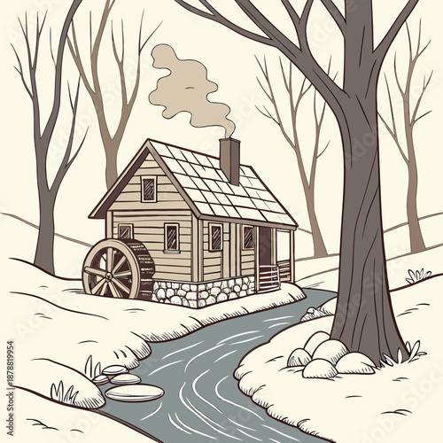 Small wooden house with waterwheel by icy stream in snowy forest