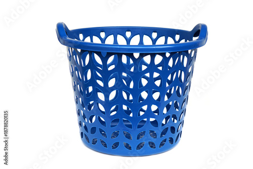 Photos Blue plastic laundry basket isolated on white background with perforated design and side handles