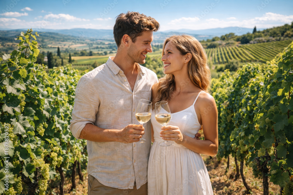 Obraz premium Couple enjoying white wine in scenic vineyard during sunny day