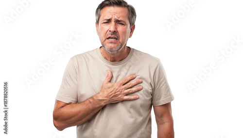 Isolated image of middleaged patient with hand on chest illustrating exertional symptoms of breathlessness posed in a neutral white background medical environment.