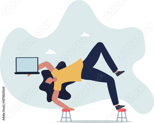 A woman balances on two chairs and holds a laptop with empty hands.